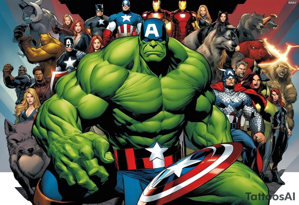 I want to change Avengers Team characters with animals. Hulk will be represented by a Badger.
Thor will be depicted as an Alpha Grey Wolf.
Captain America will be symbolized by a Bull.
Iron Man's character will be embodied by a Canary.
Black Widow's role will be portrayed by an Axolotl.
Hawkeye will be depicted as a Sudan Plated Lizard.
Nick Fury will be represented by a Cat. tattoo idea