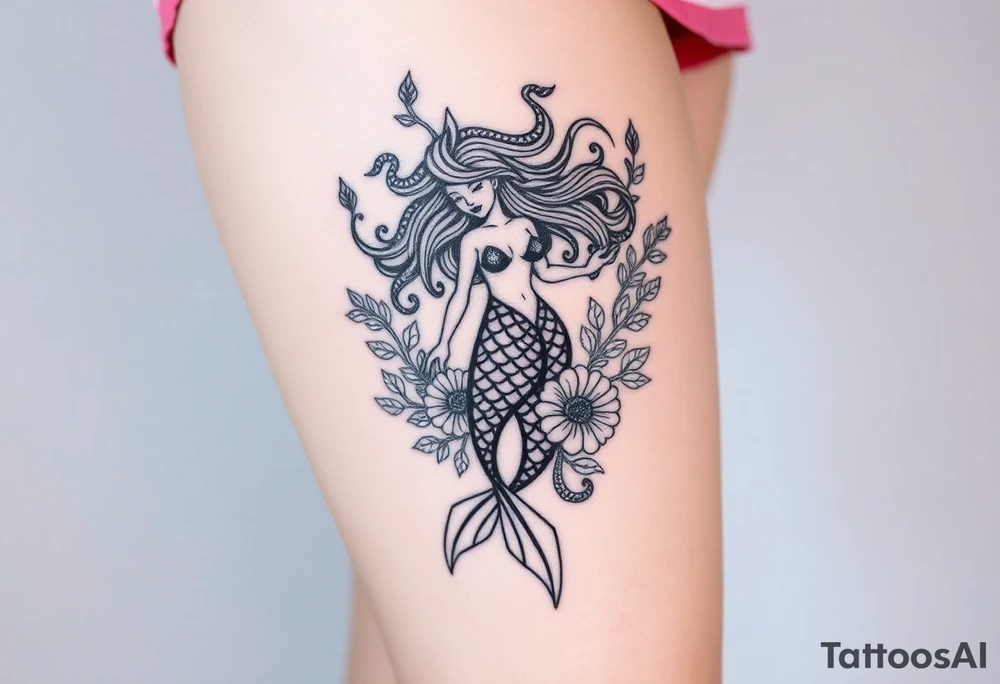 mermaid with flowing hair among coral and sea flowers and snakes tattoo idea