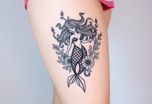 mermaid with flowing hair among coral and sea flowers and snakes tattoo idea