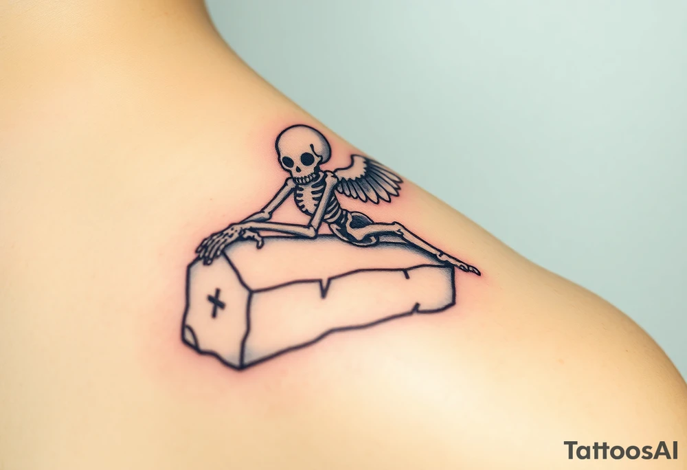 A skeletal angel resting on a gravestone, wings folded, with pale white feathers tattoo idea