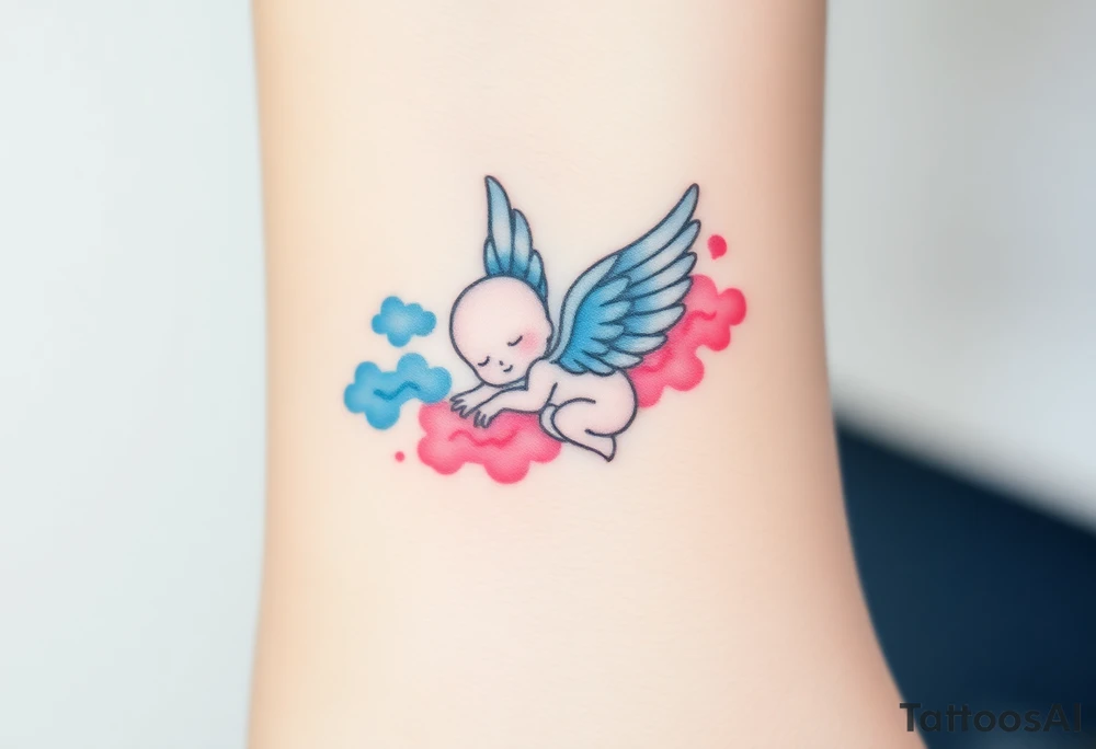 Winged baby, blue and pink watercolor, clouds tattoo idea