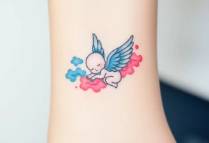 Winged baby, blue and pink watercolor, clouds tattoo idea
