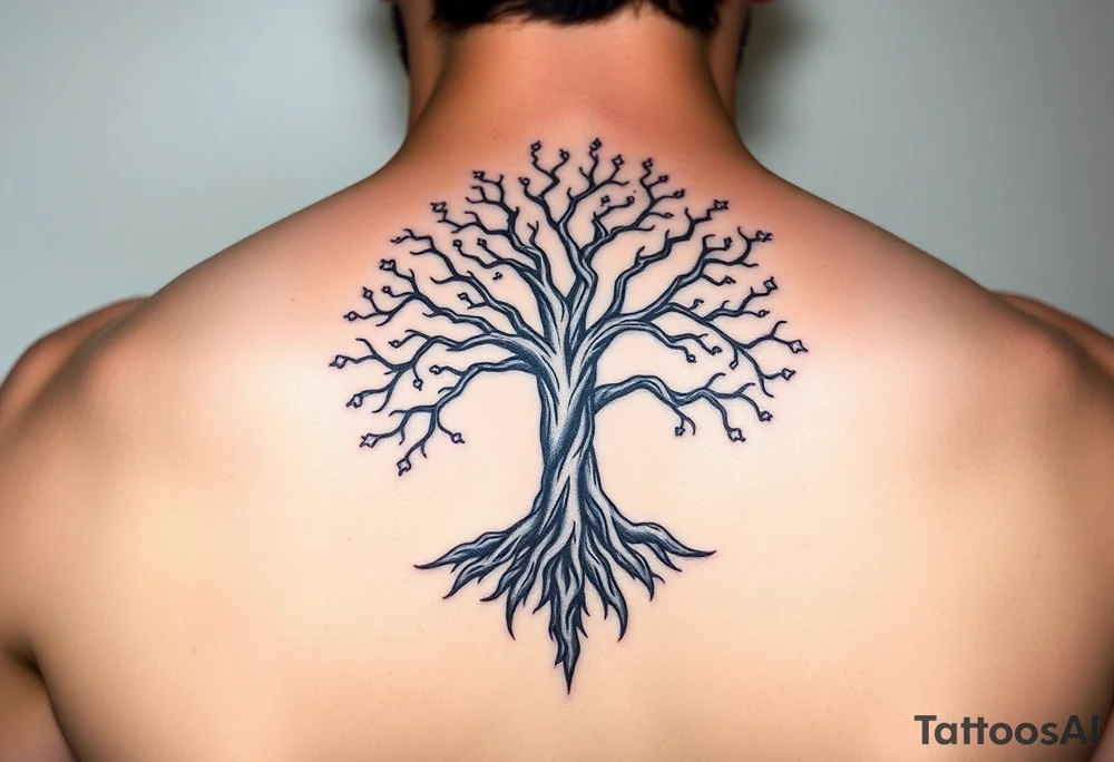 mystical tree of life with cosmic roots and celestial branches tattoo idea