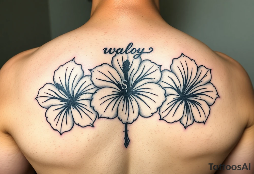 3 Tribal designed Hibiscus flowers with the work “waloy” over them and the letters “svs” within the tribal flowers with each letters on each flowers tattoo idea