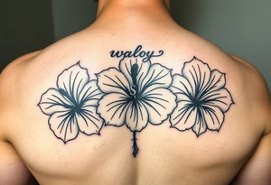 3 Tribal designed Hibiscus flowers with the work “waloy” over them and the letters “svs” within the tribal flowers with each letters on each flowers tattoo idea