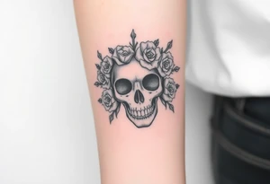 ornate skull adorned with crown of wild roses and thorns tattoo idea