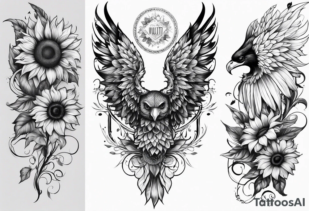 Sunflowers and angel wings leg sleeve tattoo idea