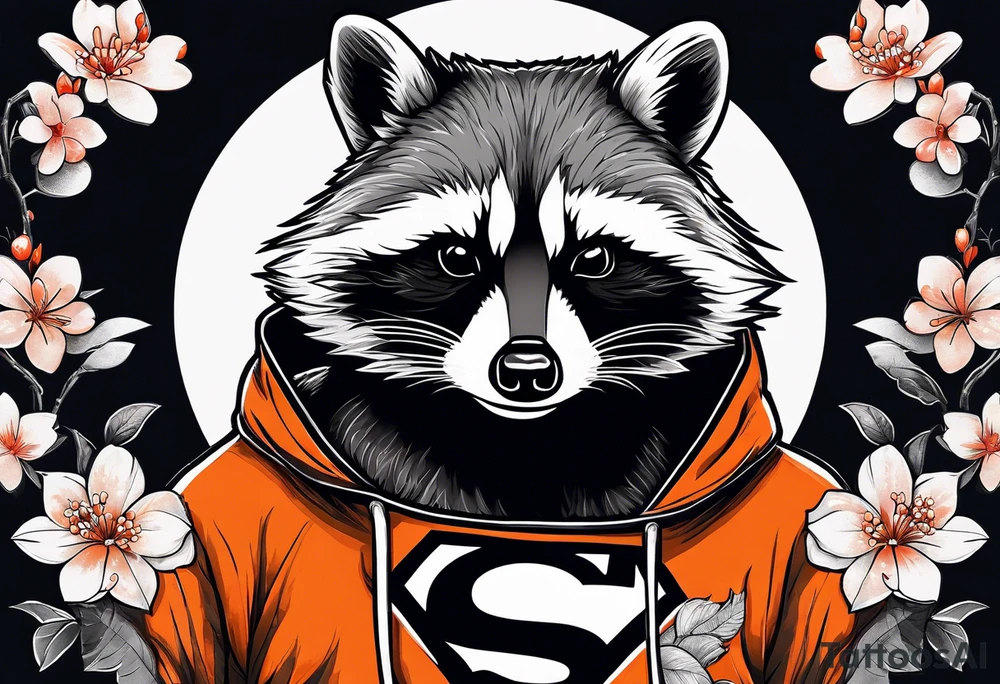 Raccoon wearing a white Superman logo on a black hoodie and orange Japanese cherry blossoms beside tattoo idea