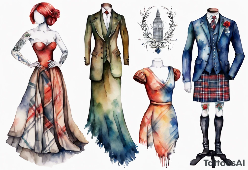 Watercolour mannequin with scottish dress tattoo idea