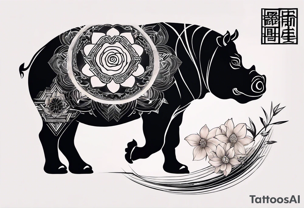 Very asymmetrical, +geometric pattern, with realistic full moon, with serious looking hippo, +zen feel, + Buddhism touch, +tribal, +geometric, +chinese inkart 
with wintersweet flower bud, +portrait orientation, +inkart touch, tattoo idea