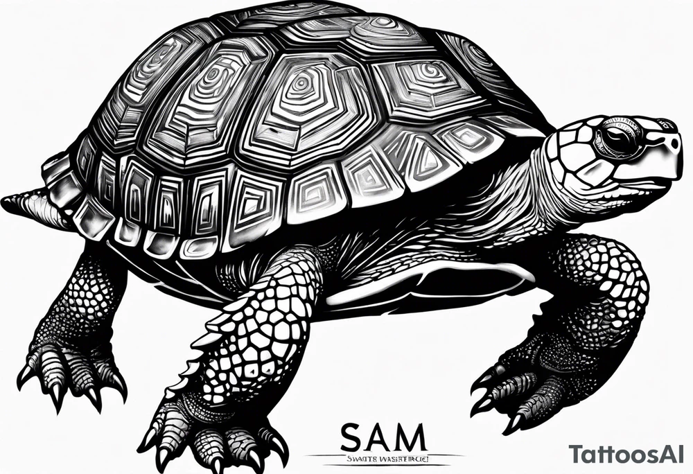 top down view of a tortoise with the name Sam engraved in the shell tattoo idea