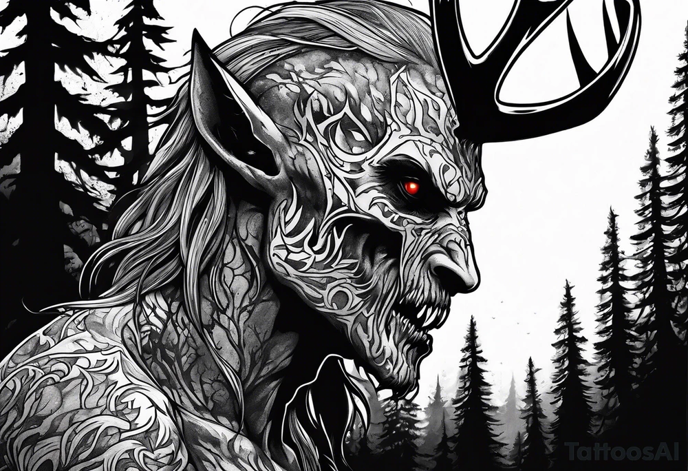 A scary terrifying horrifying zombie lore accurate wendigo side profile surrounded by a forest fire in background tattoo idea