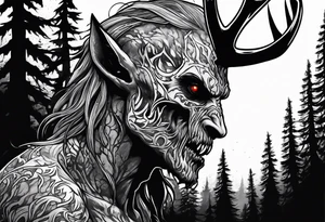 A scary terrifying horrifying zombie lore accurate wendigo side profile surrounded by a forest fire in background tattoo idea