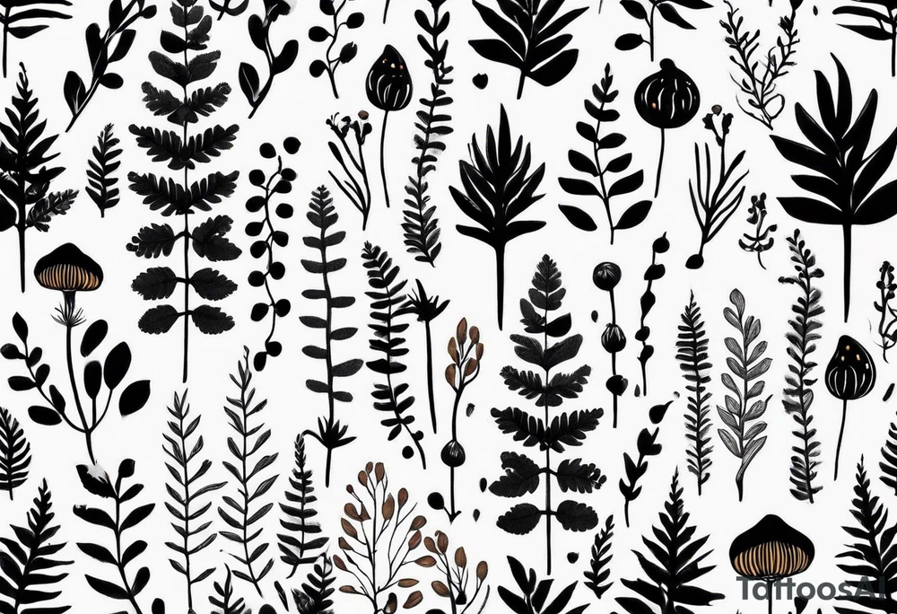 forest floor inspired minimalist tattoo, which includes grass, curly ferns, moss and dead leaves as the bulk of the tattoo. details to include: forest berries, a tiny bumblebee flying nearby, three small brown mushrooms
Generate a vertically long one tattoo idea