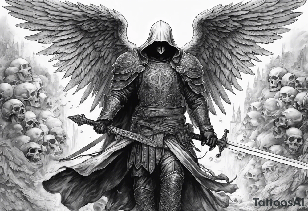 realistic angel of death, man, full body, no face visible, holding one sword, sword pointing downwards, skulls lying on the ground tattoo idea