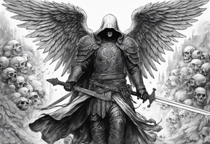 realistic angel of death, man, full body, no face visible, holding one sword, sword pointing downwards, skulls lying on the ground tattoo idea
