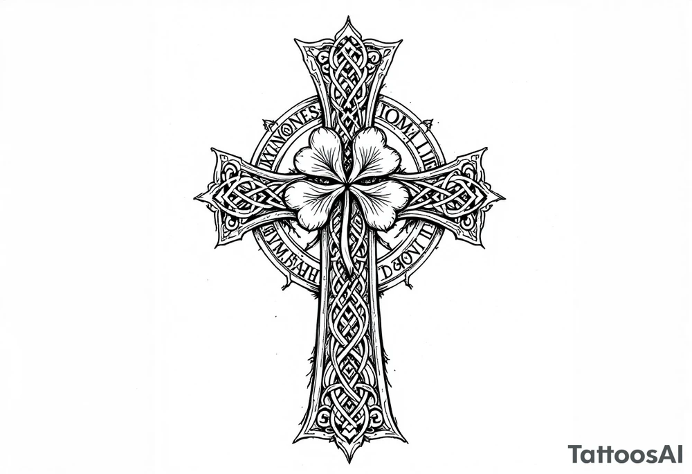 an irish inspired celtic cross with a four leaf clover in the middle surrounded by celtic knots and roman numerals with complex patterns outside of the cross tattoo idea