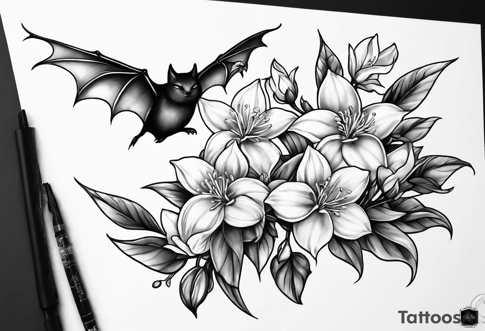 Shoulder and collarbone tattoo of a vibe of night-blooming Jasmine with a bat hanging from one of the stems tattoo idea