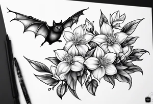 Shoulder and collarbone tattoo of a vibe of night-blooming Jasmine with a bat hanging from one of the stems tattoo idea