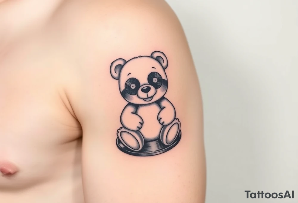 minimalist teddy bear with vinyl records as eyes smiling and sitting on a record tattoo idea