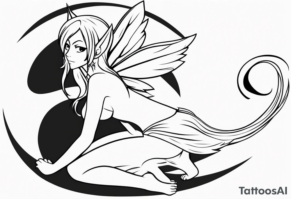 A fairy with a tail inspired by the logo of the show called Fairy Tail in a fetal position leaning in tattoo idea