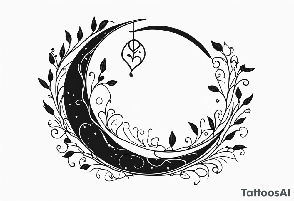 Crescent moon with a love heart inside with vines creeping down it tattoo idea