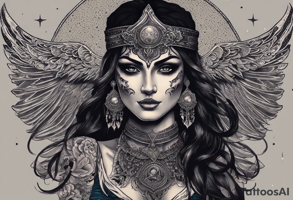 black kali, goddess pirate, alien, angel, pachamama, valkrye, warrior, flying, skull, lotus azul, wing, eagle, zenza resonance, stars, 5D, anahata chakra, death, durga, riding on a tiger, flying lady, chest tatoo tattoo idea