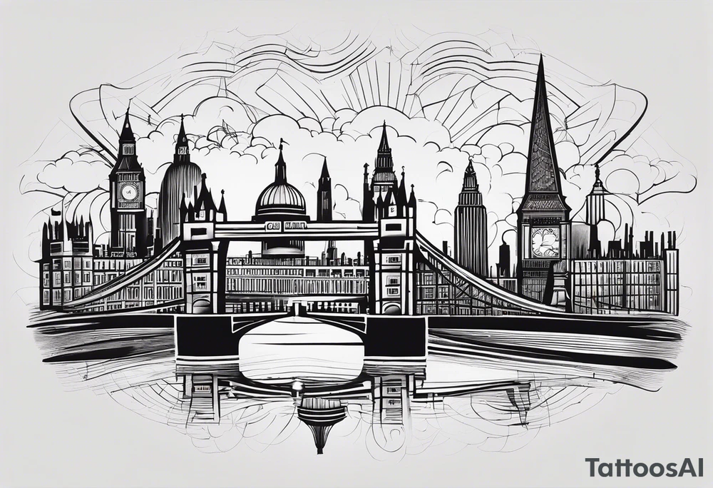 A minimalistic, abstract design capturing the architectural essence and vibe of London. Key elements of London’s skyline and structure are hinted at with clean lines, and subtle detailing includes personal touches, like a nod to Feid’s signature look (hat, glasses, mustache), integrated discreetly to honor a memorable concert experience. tattoo idea