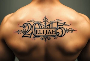 a powerful majestic set of roman numerals equalling the year 2015, with an elegant name of ELIJAH placed within the center of the roman numerals tattoo idea