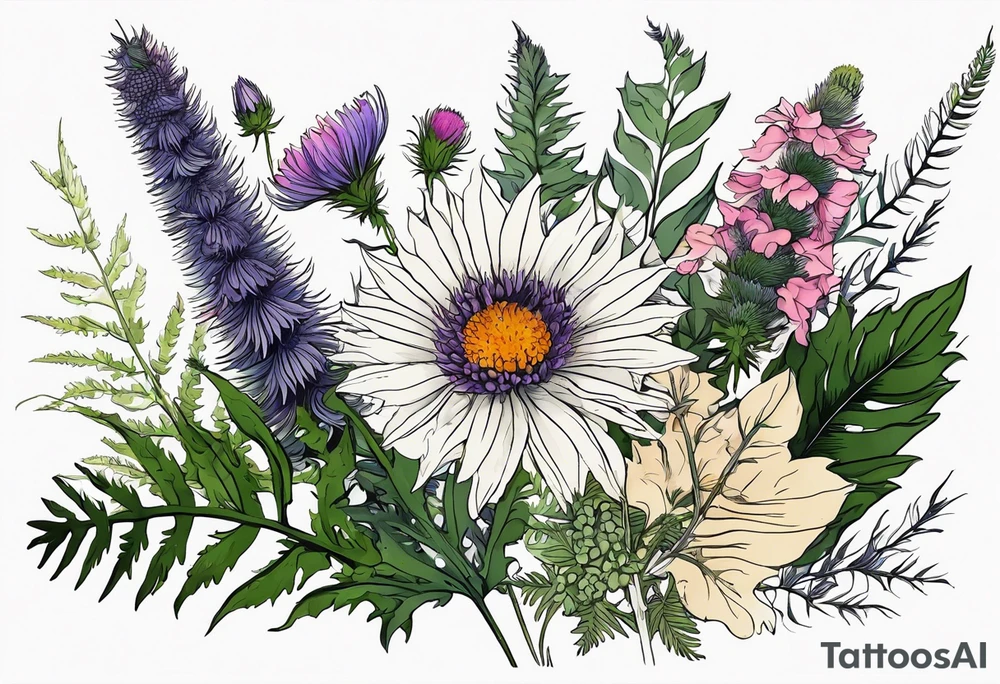 spread out mixed wildflower bouquet with ferns, thistle and with color and show the design on a leg tattoo idea