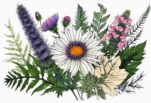 spread out mixed wildflower bouquet with ferns, thistle and with color and show the design on a leg tattoo idea