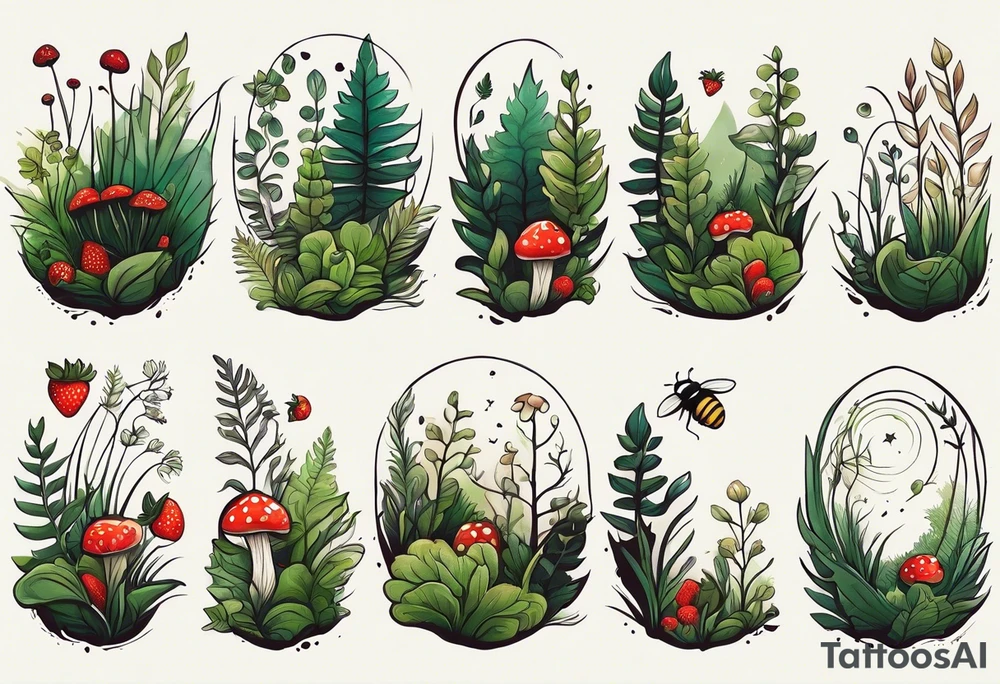 forest floor inspired minimalist tattoo, which includes grass, curly ferns, moss and dead leaves as the bulk of the tattoo. details to include: three very tiny strawberries, a tiny bumblebee flying nearby, three small brown mushrooms
Generate a vertically long one tattoo idea