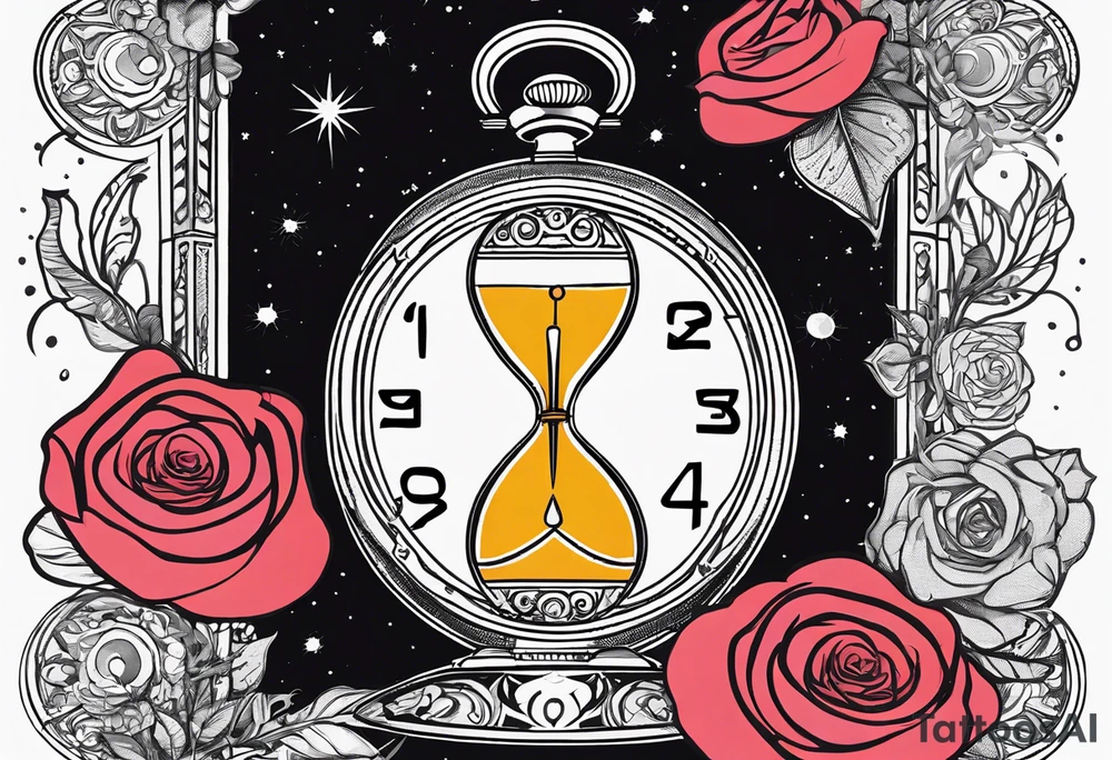 I want a design to print on t-shirts. The design is an hourglass with a wristwatch in the middle with Amazigh numbers, and this watch is surrounded by planets and Ashulk roses. tattoo idea