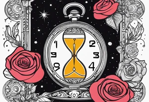 I want a design to print on t-shirts. The design is an hourglass with a wristwatch in the middle with Amazigh numbers, and this watch is surrounded by planets and Ashulk roses. tattoo idea