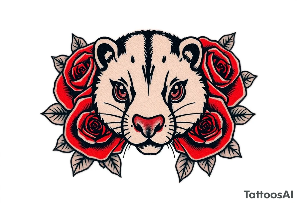 A mole animal with bold black outlines, and red roses surrounding it for a classic old-school aesthetic tattoo idea
