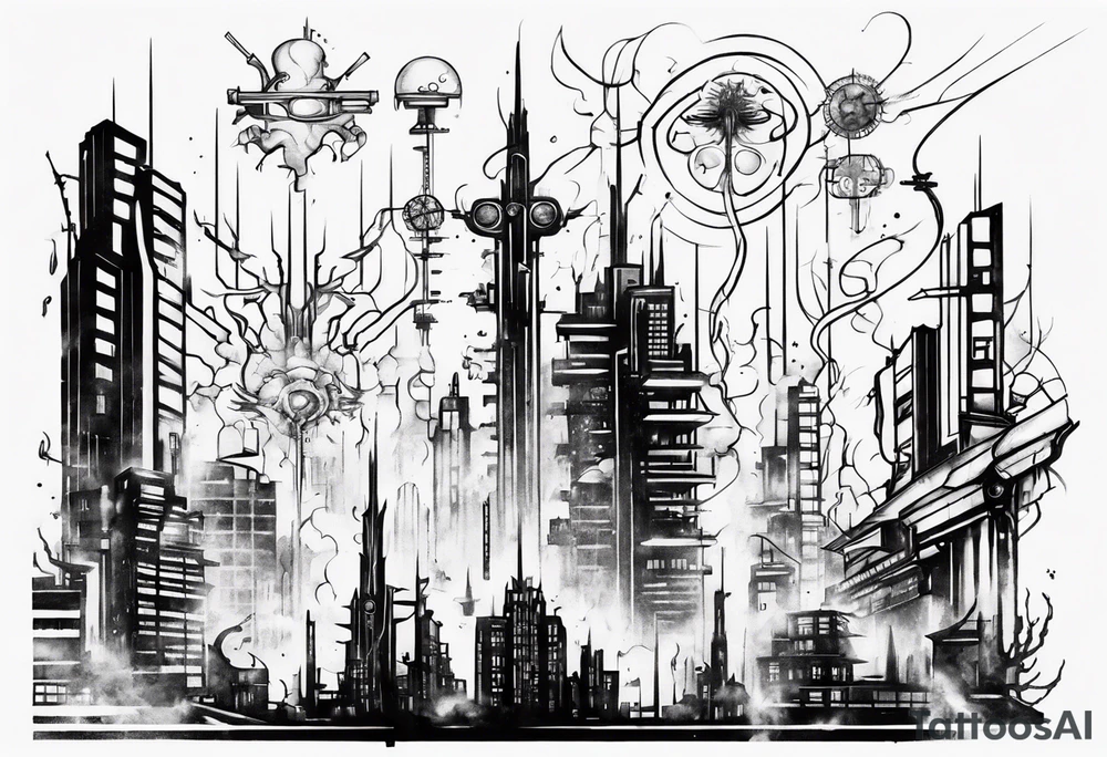 minimalist cyberpunk upper arm design from the shoulder that depicts heaven and hell as a city scape 
with neuron projecting downwards. tattoo idea