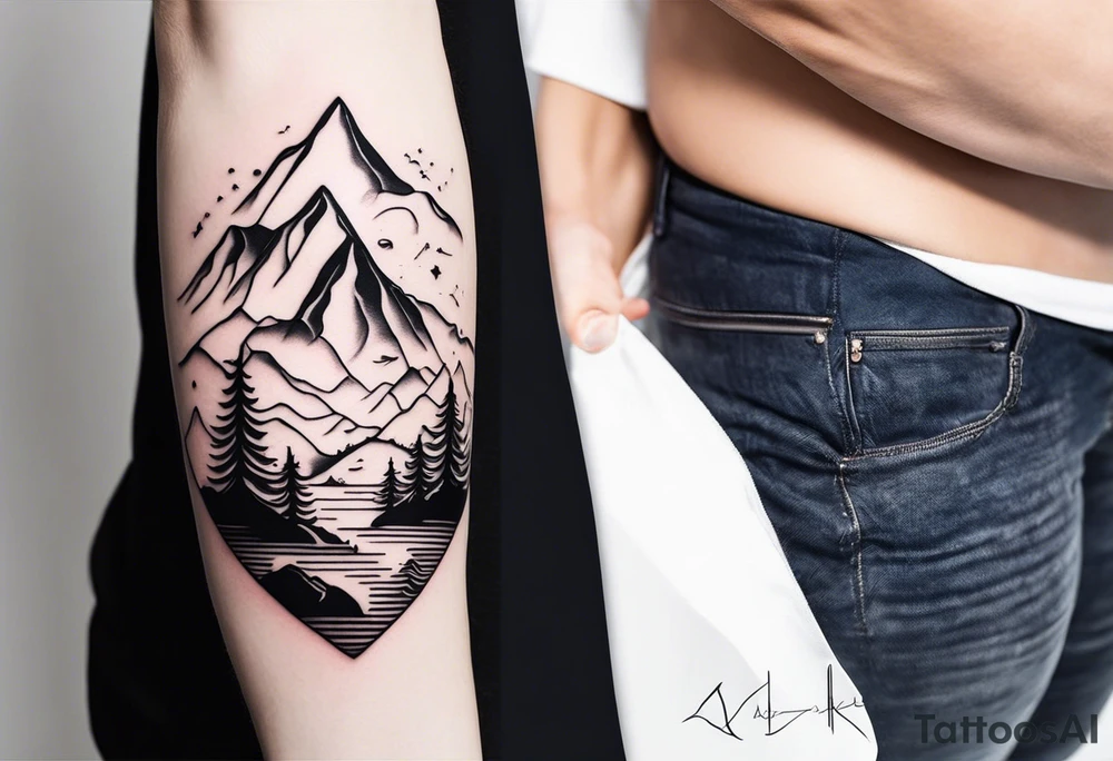 This is a minimalistic tattoo that is split into 2 sections; a top half and a bottom half. The top half is a mountain in Norway with a mountain bike trail winding down the mountain. The bottom half of the tattoo depicts an underwater scene featuring water, and sea life. tattoo idea