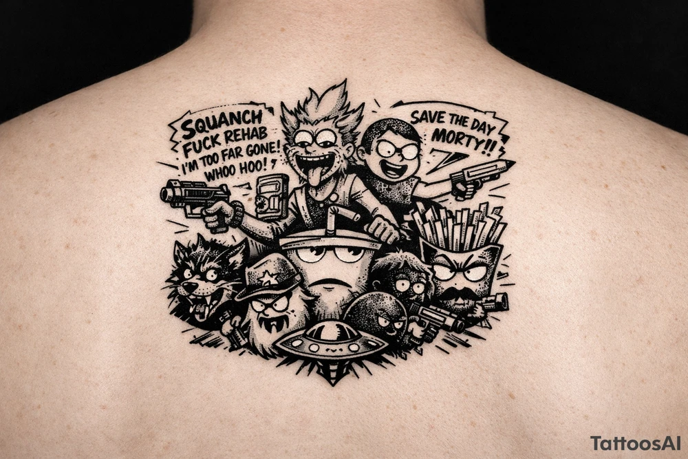 Squanch Rick drinking and shooting things and morty being reckless save the day morty , squanch fuck rehad I'm too far gone! Whoo hoo , Mr pickles and squid billies with aqua team hunger force tattoo idea
