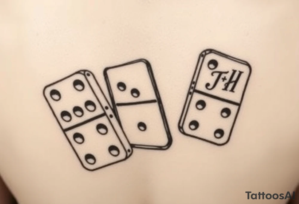 Tattoo design of three domino tiles falling like in a real domino chain reaction, captured in motion. Retro realistic black and grey shading, not fine-line. The tiles show: one with 8 (4+4), one with 7 (4+3), one with 6 (six dots on the bottom half). On the top half of the domino with 6, add the initials ‘JH’ in elegant retro lettering. Dynamic perspective, sense of motion, vintage realistic tattoo style. tattoo idea