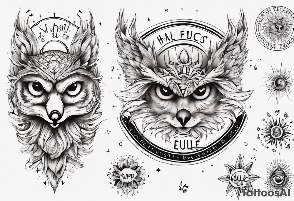 halb 
Fuchs halb Eule unter der Sonne mit dem Schriftzug Sapere Aude tattoo idea
