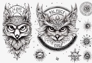 halb 
Fuchs halb Eule unter der Sonne mit dem Schriftzug Sapere Aude tattoo idea