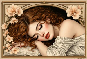 Alfons Mucha’s romantic portrait of a woman with chestnut curls, resting beneath an arched frame of bronze and peach blossoms. tattoo idea