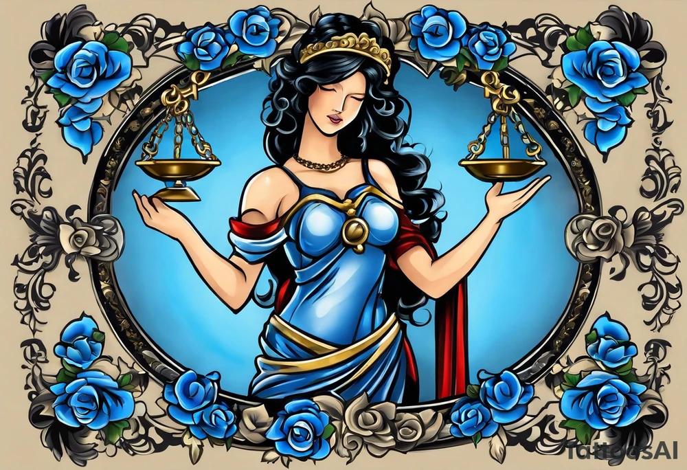 Lady Justice, 
Blindfold:
Scales: 
 Lady Justice is shown with black hair, which is a unique artistic choice compared to the more traditional representations. The scales, blindfold, and sword are all present, adhering to the classic iconography but with a modern and colorful twist. blue roses frames, background blue,present it in a tattoo tattoo idea