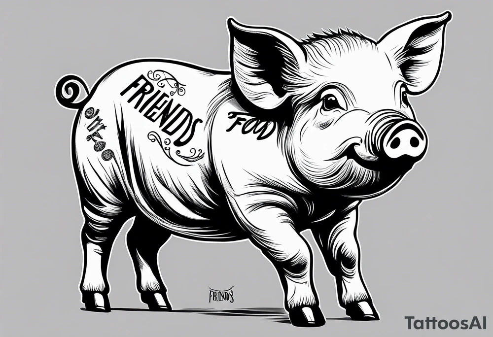 cute pig or piglet.
with text: "friends not food" tattoo idea cute pig or piglet.
with text: "friends not food" tattoo idea