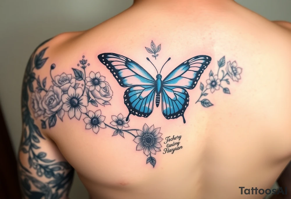 Sleeve/ floral with vines roses and daises large bright blue monarch in center of forearm with floral extending from wrist to mid bicep children’s names written with vines “ amber, Zachary, Justin, Harper, Vivian “ ARM SLEEVE tattoo idea