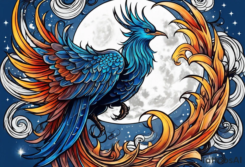 phoenix sur une lune bleu tattoo idea