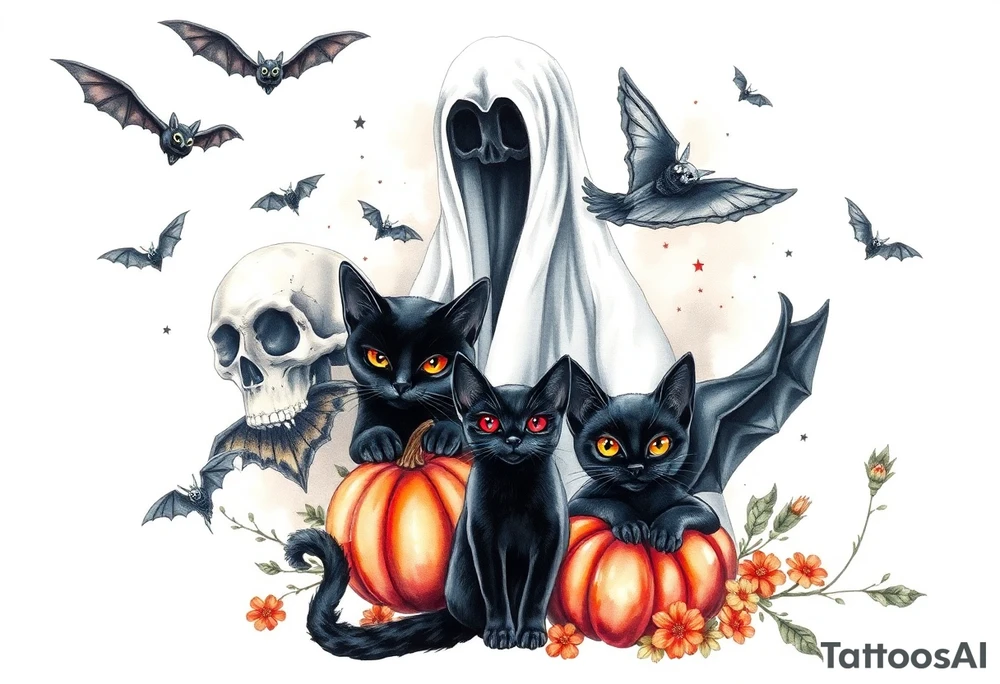 Unique bats, ghost, skulls, black cats, witches, pumpkins, jack o laterna tattoo idea