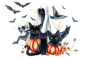 Unique bats, ghost, skulls, black cats, witches, pumpkins, jack o laterna tattoo idea