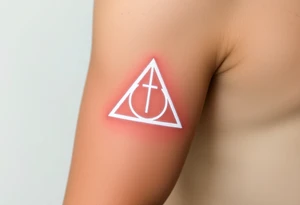 A minimalist Deathly Hallows  full symbol outline in glowing white ink, creating a mystical, luminescent effect on the skin tattoo idea