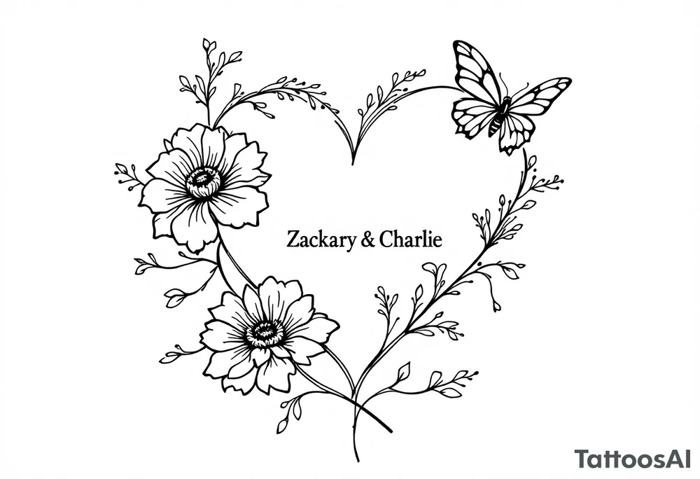 Flowers, heart and buttherfly with name Zackary and Charlie tattoo idea
